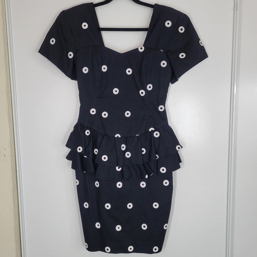 Vintage Beverley Standing‎ 1980 Black White Cotton Dress Pin Up Polka Dot Sz 8